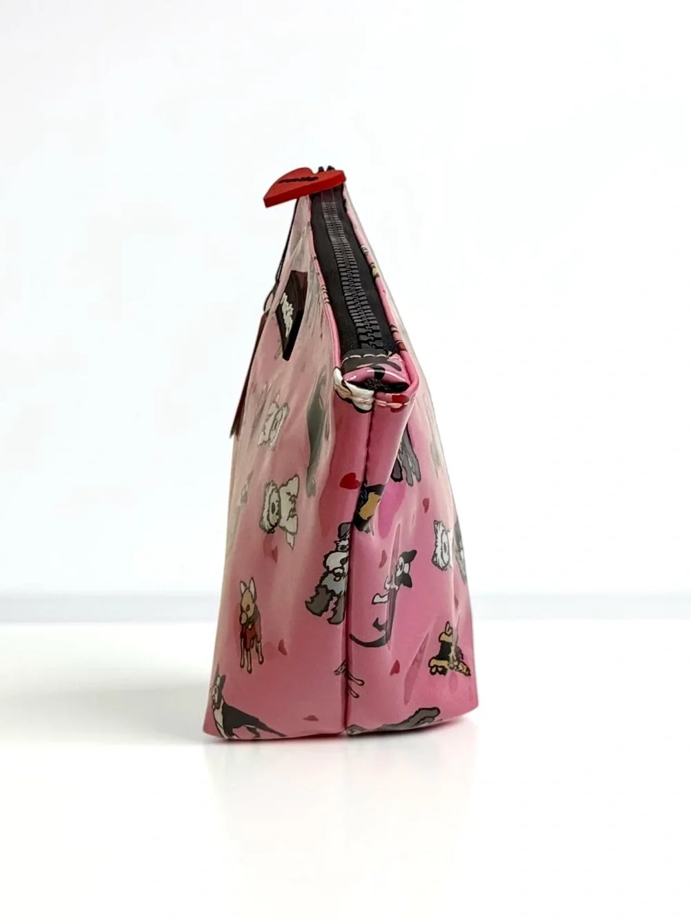 NWT Marc Tetro Pink Patent Multi Dog Print Cosmetic Bag Pouch Heart Zipper Pull